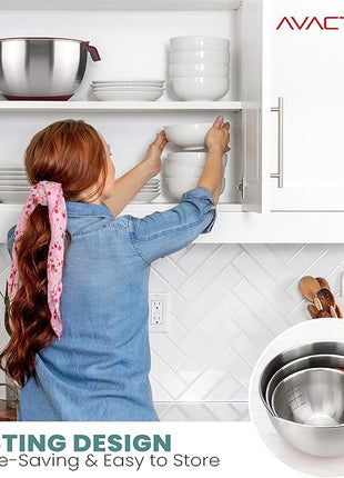 AVACRAFT 18/10 Stainless Steel Mixing Bowls with Lids, non slip silicone base bowls with Handle, Mixing Bowl Set with Pour Spouts & Measurement Marks, Home Essentials Cooking Bowls, (Red)