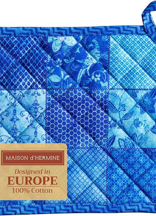 Maison d' Hermine Pot Holders 100% Cotton Heat Resistant Potholders 8" x 8" Hot Pads with Loop BBQ, Cooking, Baking, Grilling, Kitchen, Handling Hot Pans Spring/Summer (Pack of 1, Indigo Love)