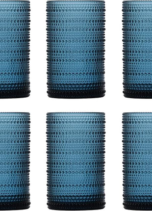 Fortessa Jupiter Beaded Hobnail Glass, 13 Ounce Iced Beverage (Set of 6), Cornflower Blue