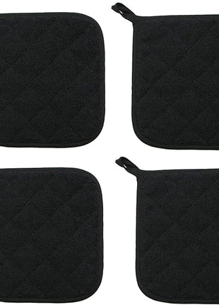 Cotton Pot Holders Cotton Made Machine Washable Heat Resistant Everyday Kitchen Basic Terry Pot Holder, Hot Pads, Trivet for Cooking and Baking Set of 4 (Black)