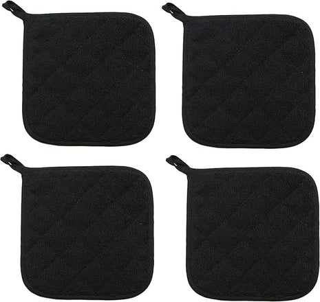 Cotton Pot Holders Cotton Made Machine Washable Heat Resistant Everyday Kitchen Basic Terry Pot Holder, Hot Pads, Trivet for Cooking and Baking Set of 4 (Black)