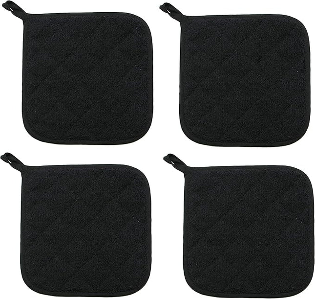 Cotton Pot Holders Cotton Made Machine Washable Heat Resistant Everyday Kitchen Basic Terry Pot Holder, Hot Pads, Trivet for Cooking and Baking Set of 4 (Black)