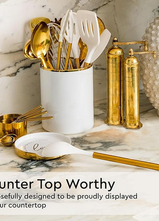 Gold Kitchen Utensils Set - 19-Piece Set Includes Stainless Steel Gold Utensils, White Silicone Tools, and Measuring Cups and Spoons - Luxury Kitchen Accessories for Modern Cooking, Serving, & Gifting