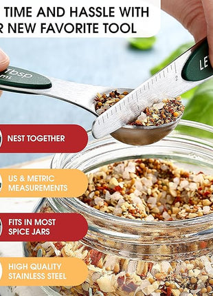 Spring Chef Stainless Steel Magnetic Measuring Spoons Set of 8 with Leveler, Stackable Magnetic Teaspoon & Tablespoon Set, Metal Kitchen Gadgets for Baking & Cooking, Fits in Spice Jars - Pine Green