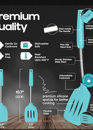 Silicone Spatula Set - Turner Spatulas Silicone Heat Resistant 600°F - Slotted & Solid Spatula for Cooking Fish, Eggs, Pancakes Flipper – Spatulas for kitchen use – Aqua