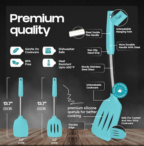 Silicone Spatula Set - Turner Spatulas Silicone Heat Resistant 600°F - Slotted & Solid Spatula for Cooking Fish, Eggs, Pancakes Flipper – Spatulas for kitchen use – Aqua