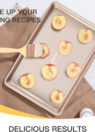 HONGBAKE 3 Pack Gold Nonstick Baking Sheet Pan Set with Oven Mitts Heat Resistant, Non-Toxic Half/Quarter/Jelly Roll Pans with Diamond Texture Pattern, Heavy Duty 0.8mm Thick Cookie Trays for Cooking