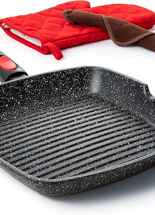 Moss & Stone Square Grill Pan for Indoor Cooking, 11-Inch Nonstick Griddle Skillet with Removable Handle, RV Die-Cast Aluminum Stove Top Grill Pan for Meats & Vegetables, Detachable Handle