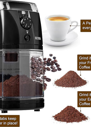 Secura Electric Burr Coffee Grinder Mill, Adjustable Cup Size, 17 Fine to Coarse Grind Size Settings for Drip, Percolator, French Press and Turkish Coffee Makers, Black,12 cups