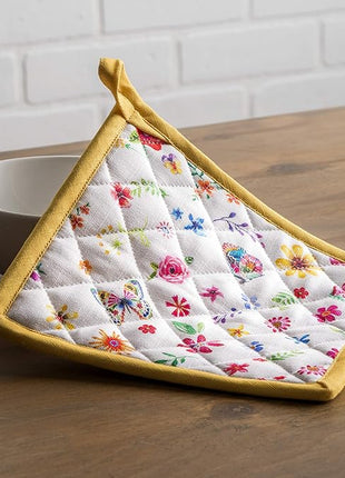 Maison d' Hermine 100% Cotton Oven Mitt & Pot Holder Set (7.5"x13" & 8"x8") Heat Resistant BBQ Cooking Gloves with Loop, Grilling, Kitchen, Handling Hot Pans Spring/Summer (Happy Florals - Sweety)