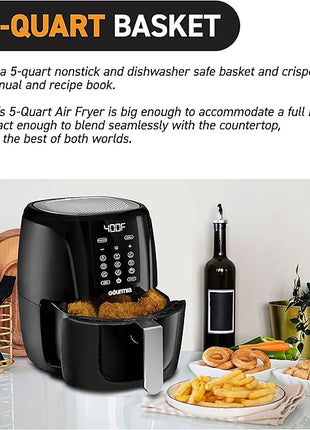 Gourmia Air Fryer Oven Digital Display 5 Quart Large AirFryer Cooker 12 1-Touch Cooking Presets, XL Air Fryer Basket 1500w Power Multifunction Black and Stainless Steel Accents FRY FORCE GAF536
