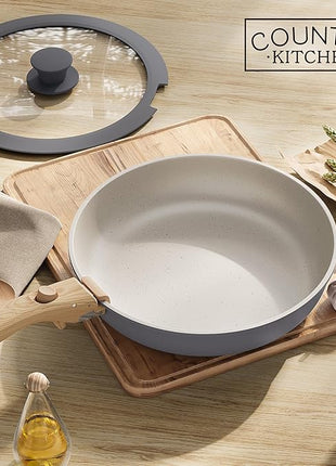 Country Kitchen Cookware Set with Removable Handle, Oven & RV Safe Pots and Pans Set, Grey/Ivory Wood Handle, Original