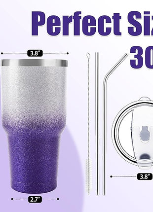 D·S 30 oz Tumbler Purple Glitter Gradient Cup Stainless Steel Double Wall Vacuum Insulated Mug with Straw and Lid, Cleaning Brush for Cold and Hot Beverages