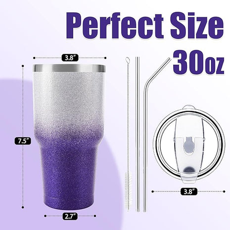 D·S 30 oz Tumbler Purple Glitter Gradient Cup Stainless Steel Double Wall Vacuum Insulated Mug with Straw and Lid, Cleaning Brush for Cold and Hot Beverages