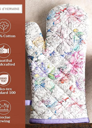 Maison d' Hermine Oven Gloves 100% Cotton Oven Mitt 7" x 13" with Loop Heat Resistant, BBQ, Cooking Gloves, Baking, Grilling, Kitchen, Handling Hot Pans Spring/Summer (Pack of 1, Floral Love)