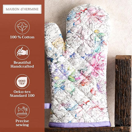 Maison d' Hermine Oven Gloves 100% Cotton Oven Mitt 7" x 13" with Loop Heat Resistant, BBQ, Cooking Gloves, Baking, Grilling, Kitchen, Handling Hot Pans Spring/Summer (Pack of 1, Floral Love)