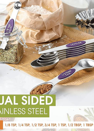 Spring Chef Purple Stainless Steel Magnetic Measuring Spoons Set of 8 with Leveler, Dual Sided Metal Teaspoon & Tablespoon Measuring Spoons, Kitchen Gadgets for Baking & Cooking, Fits in Spice Jars