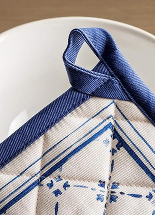 Maison d' Hermine Pot Holders Set 100% Cotton Heat Resistant Potholders 8" x 8" Hot Pads with Loop BBQ, Cooking, Baking, Grilling, Kitchen, Handling Hot Pans Spring/Summer (Pack of 2, Faience)