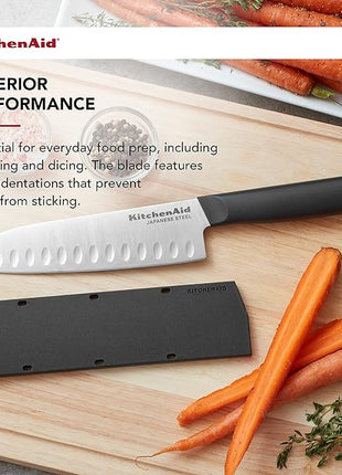KitchenAid Classic Santoku Knife with Custom-Fit Blade Cover, 7-inch, Sharp Kitchen Knife, High-Carbon Japanese Stainless Steel, Black