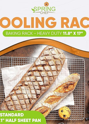 Spring Chef 11.8" x 17" Stainless Steel Cookie Cooling Rack - Oven Safe - Baking Rack for Bacon, BBQ, Jerky, Bread, Pizza, Cake - Fits Half Sheet Roasting Pan - Dishwasher Safe