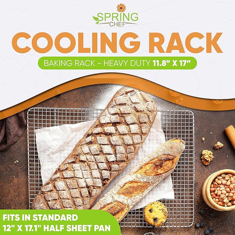 Spring Chef 11.8 x 17 Inch Stainless Steel Cooling Racks for Cooling & Baking - Oven Safe - Wire Roasting Racks for Oven Use - Fits Half Sheet Cookie Pan - Dishwasher Safe - Set of 2