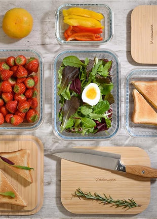 Ribbed Glass Tupperware Set with Bamboo Lids - 4 Stackable Meal Prep Containers. Durable heat resistant Inert Borosilicate Glass