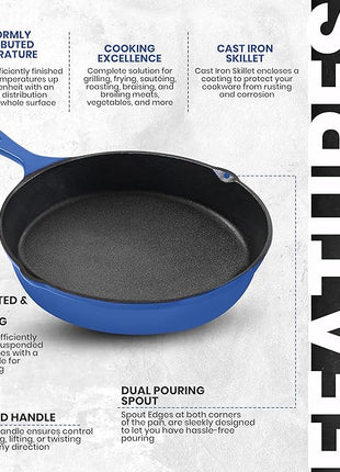 Utopia Kitchen Cast iron Skillets 3 Piece Set, Chefs Pan, Pre Seasoned Cast iron Skillets, 6, 8 & 10 Inches, Easy Use in the Oven, Stove, Grill, or Campfire, Blue