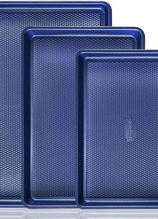 HONGBAKE Baking Sheet Pan Set, Cookie Sheets for Oven, Nonstick Half/Quarter/Jelly Roll Pans with Diamond Texture Pattern, Heavy Duty Cookie Tray, Dark Blue