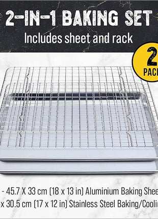 Checkered Chef Baking Sheet, 2 Pack Half Sheet Pan with Stainless Steel Wire Rack Set - Easy Clean Cookie Sheets for Baking