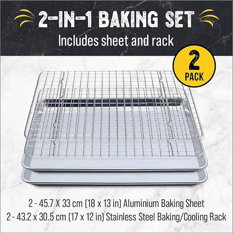 Checkered Chef Baking Sheet, 2 Pack Half Sheet Pan with Stainless Steel Wire Rack Set - Easy Clean Cookie Sheets for Baking