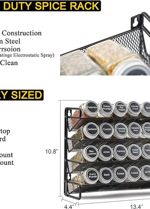 SpaceAid Spice Rack Organizer with 28 Spice Jars, 386 Spice Labels, Chalk Marker and Funnel Set for Cabinet, Countertop, Pantry, Cupboard or Door & Wall Mount - 28 Jars, 13.4" W × 10.8" H, Black