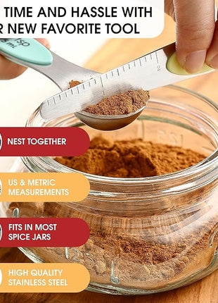 Spring Chef Stainless Steel Magnetic Measuring Spoons Set of 8 with Leveler, Metal Teaspoon & Tablespoon Measuring Spoons for Dry and Liquid Ingredients, Kitchen Gadgets for Baking & Cooking - Pastel