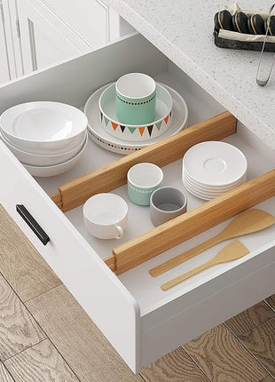 BAMEOS Drawer Dividers kitchen Organization Bamboo Utensil Organizers for Kitchen Bedroom Bathroom Dresser Office 4-pack