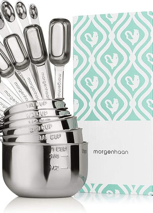 Heavy-Duty 304 Stainless Steel Measuring Cup Set (18-Piece) - Stackable, Dual Metric/US, Long & Narrow Spoons for Spice Jars + 5 Mini Spoons