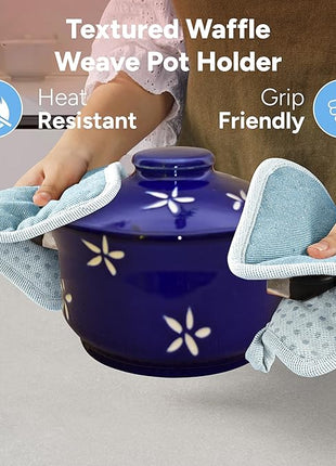 Casa Platino BBQ Gloves & Potholders Set, 4Pc Kitchen Mitts for Oven & Baking, Pot Holder for Hot Pots & Dishes – Heat Resistant Up to 500°F, Non-Slip & Machine Washable – Cornflower