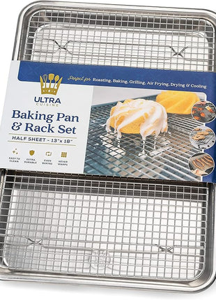 Ultra Cuisine Aluminum Baking Sheet with Stainless Steel Cooling Rack Set -Half Sheet Size Pan 13 x 18 inch, Durable Rimmed Sides, Easy Clean, Commercial Quality for Cooking and Roasting