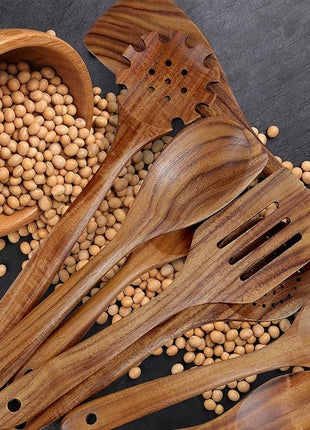 comfoyar Teak Wooden Spoons for Cooking, 10 Pieces Kitchen Cooking Utenails Set with Spatula and Ladle, Heat Resistant Kitchen Cookware for Nonstick Pan