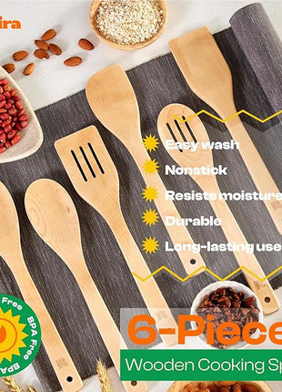 Riveira Maple Wooden Cooking Utensils Set of 6 Premium Non-Toxic Wooden Spoons & Spatula for Cooking