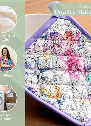 Maison d' Hermine Pot Holders 100% Cotton Heat Resistant Potholders 8" x 8" Hot Pads with Loop BBQ, Cooking, Baking, Grilling, Kitchen, Handling Hot Pans Spring/Summer (Pack of 1, Floral Love)