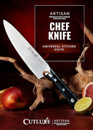 Cutluxe Chef Knife – 8" Kitchen Knife, German High Carbon Steel, Full Tang, Ergonomic Handle Design, Sheath Included – Artisan Series