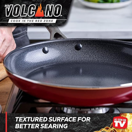 Textured Ceramic Nonstick, 10 Piece Cookware Pots and Pans Set with Stainless Steel Handles, PFAS PFOA & PTFE Free, Dishwasher Safe, Oven & Broiler Safe to 600 Degrees, Red