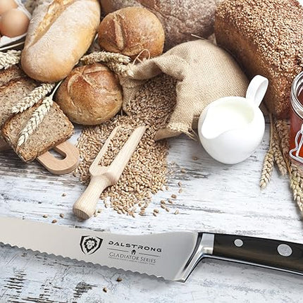 Dalstrong Serrated Offset Bread Knife - 8 inch - Gladiator Series Elite - Deli Knife - Forged German High-Carbon Steel - Bread Slicer - Slicing Knife - G10 Handle - Sheath - NSF Certified