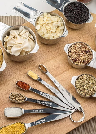 13-piece Measuring Cups and Spoons Set, 18/8 Stainless Steel Heavy Duty Ergonomic Handle with Ring Connector, Silver