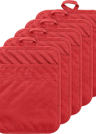 GROBRO7 5Pack Pocket Pot Holders Cotton Heat Resistant Potholder Multipurpose Hot Pads Machine Washable Oven Mitts Potholders Bulk for Daily Kitchen Baking and Cooking 7 x 9 Inch Red