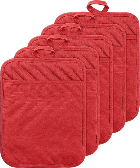 GROBRO7 5Pack Pocket Pot Holders Cotton Heat Resistant Potholder Multipurpose Hot Pads Machine Washable Oven Mitts Potholders Bulk for Daily Kitchen Baking and Cooking 7 x 9 Inch Red