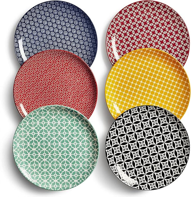 DOWAN 8.5" Salad Plates Set of 6, Ceramic Dessert Plate for Appetizer, Sushi, Microwave, Oven & Dishwasher Safe, Colorful Design Perfect for Party, Wedding, Birthday, Mothers Day Gifts