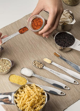 13-piece Measuring Cups and Spoons Set, 18/8 Stainless Steel Heavy Duty Ergonomic Handle with Ring Connector, Silver