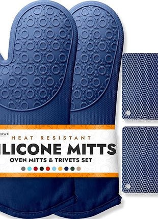 BPA-Free Soft Silicone 4 Piece Oven Mitts & Trivets Set - Ultra Heat Resistant Oven Mitts with Thick Cotton Liner - Long Slip Resistant Pot Holders, Flexible Oven Gloves - Royal Blue