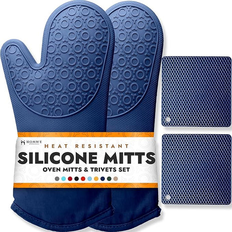 BPA-Free Soft Silicone 4 Piece Oven Mitts & Trivets Set - Ultra Heat Resistant Oven Mitts with Thick Cotton Liner - Long Slip Resistant Pot Holders, Flexible Oven Gloves - Royal Blue