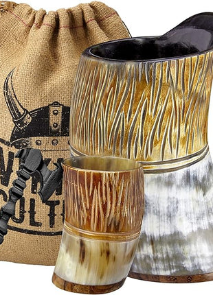 Viking Culture Ox Horn Mug, Shot Glass, and Axe Bottle Opener (3 Pc. Set) Authentic 16-oz. Ale, Mead, and Beer Tankard | Vintage Stein with Handle | Custom Intricate Design - Natural Finish | The Jarl